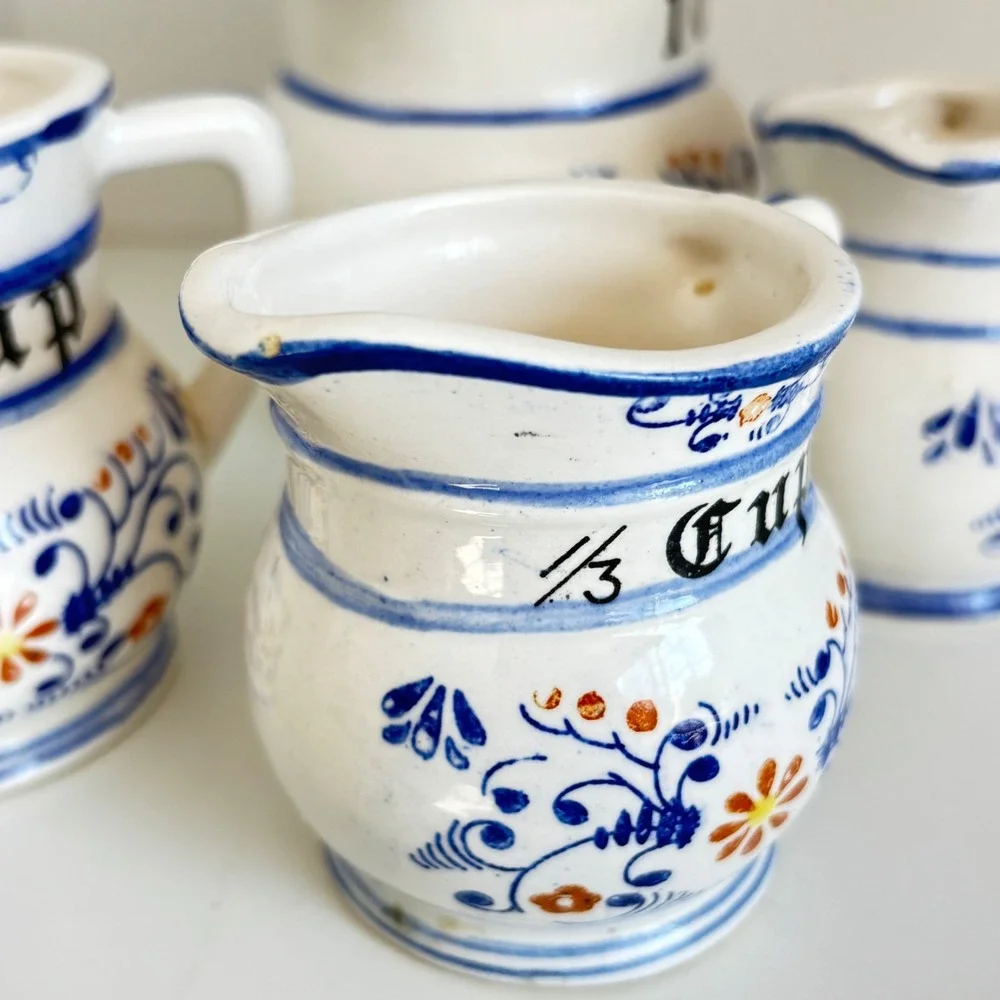 Vintage Ceramic Measuring Cup Pitcher Set 4 Blue White Farmhouse Kitchen Decor